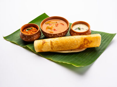 A dosa, also called dosai, dosey, or dosha, is a thin pancake in South Indian cuisine